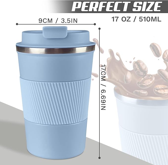 Vacuum-Insulated Stainless Steel Travel Coffee Mug, Leak-Proof Reusable Coffee Cup with Lid - Keep Hot & Cold Drinks for Hours, Durable Insulated Tumbler for Men & Women(3rd-Light Blue, 17OZ)