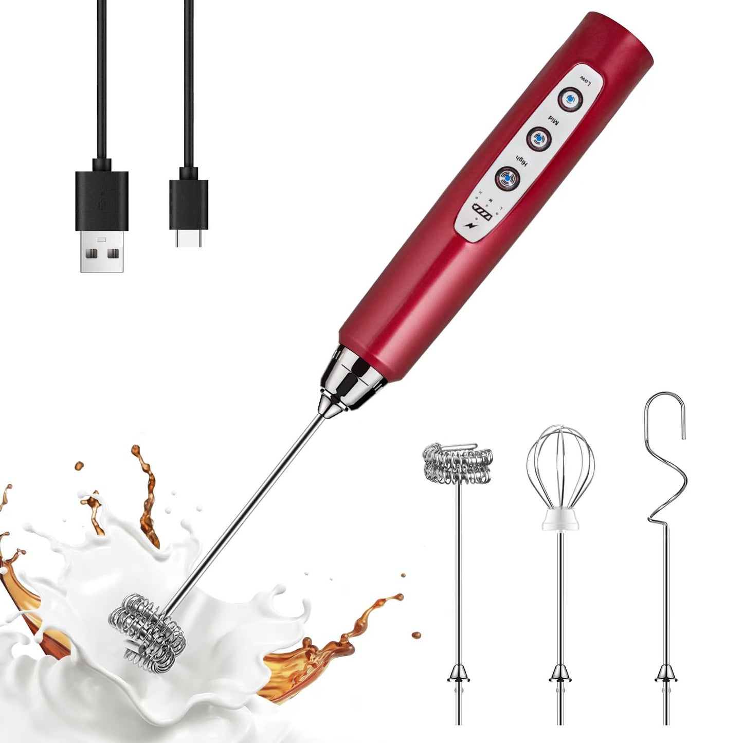 YUSWKO Handheld Milk Frother Wand for Coffee, Rechargeable Electric Whisk with 3 Heads 3 Speeds Drink Mixer Coffee Frother For Latte, Cappuccino, Hot Chocolate, Egg, Beige