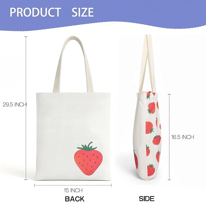 MOLOVA 1-PACK Cute Strawberry Print Canvas Tote Bag, Reusable Grocery Bag with Magnetic Snap Closure & Inner Zipper Pocket, Aesthetic Gift for Women