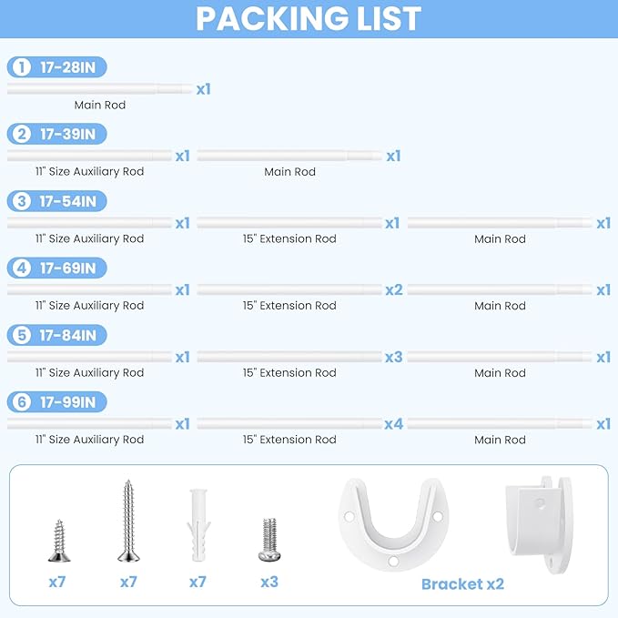 Closet Rods for Hanging Clothes, 17 to 39 Inch Heavy Duty Stepless Adjustable Closet Hanging Rod, 1.3 Inch Diameter Metal Closet Rod for Wardrobes Laundry Bedroom RV, White