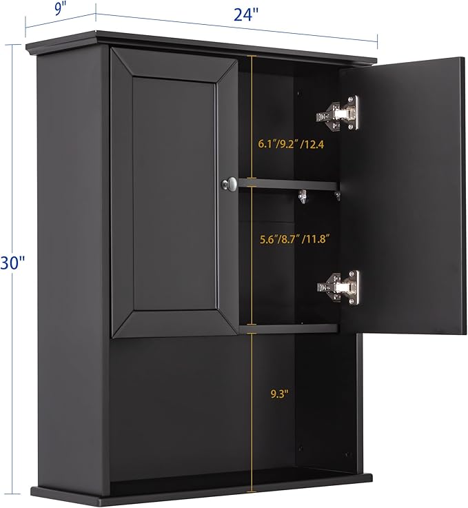 Black Wall Cabinet 24x30 Inch Wooden Over The Toilet Storage Cabinets with 2 Doors, Above Toilet Storage Medicine Cabinets for Bathroom Laundry Room Bedroom Kitchen