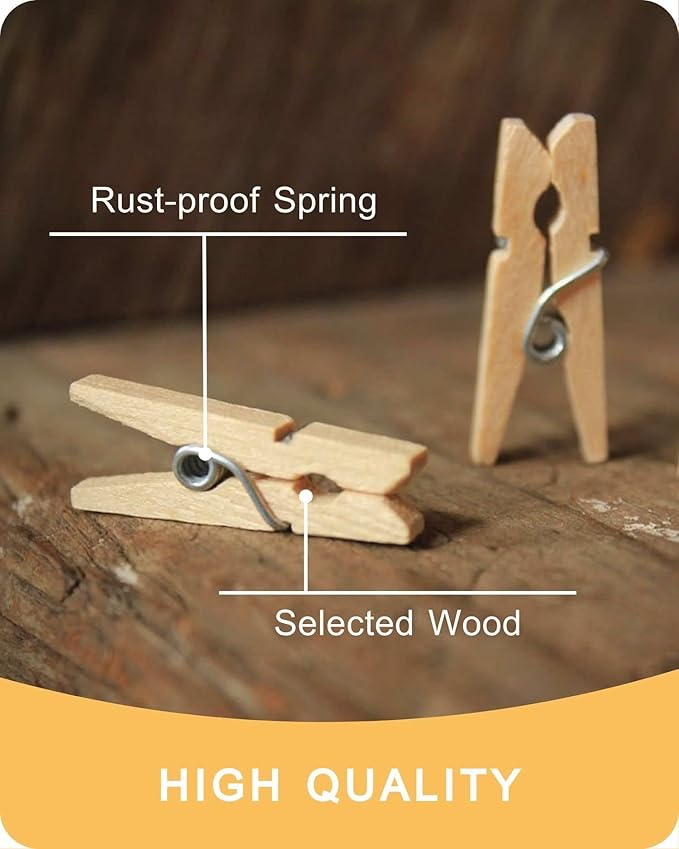 Mini Clothes Pins for Photo, Natural Small Wooden Clothespins 1 Inch Tiny Wood Decorative Clips Bulk, 33FT Jute Twine and Clothespins for Crafts Photos Pictures Baby Shower Game Classroom, 250 PCS