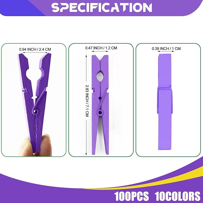 Colored Clothes Pins Wooden 100 Pack, Purple Clothespins Wood, Clothes Clips for Craft Shower Classroom, 2.9 Inch