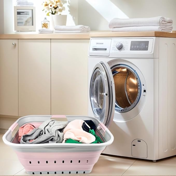 SAMMART 42L (11 gallon) Collapsible Plastic Laundry Basket - Foldable Pop Up Storage Container/Organizer - Portable Washing Tub - Space Saving Hamper/Basket (Grey/Pale Pink)