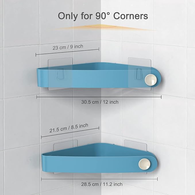 Sotfamily Plastic Shower Caddy Corner (For 90° Only), 2 Pack Adhesive Corner Shower Shelves for Bathroom Organizers and Storage, Light Blue