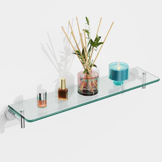 Glass Shelves for Bathroom,16-Inch Chrome Polished Floating Bathroom Shelf Stainless Steel Tempered Glass Shelf Modern Shelves Wall Mounted