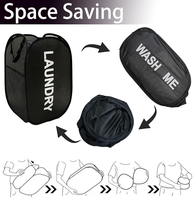 Collapsible Mesh Pop Up Laundry Hamper 2Pack Foldable Laundry Basket for clothing, stuffed animals, towels, for Laundry Room, Dorm, Apartment (Black+Grey)