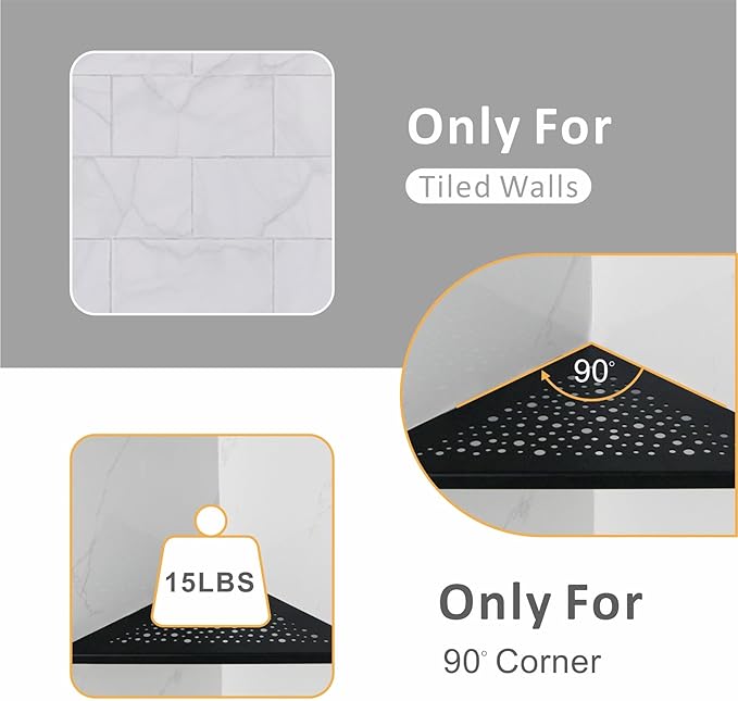 Black 10’’ Corner Shower Shelf 2 Pack, Triangular Shower Corner Shelves 304 Stainless Steel Bathroom Shower Shelf for Tiled Wall, No Drilling Needed Matte Black