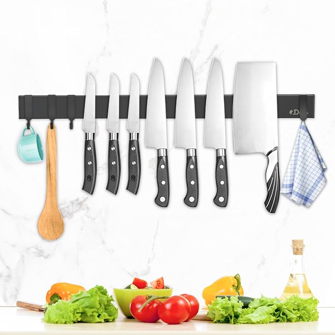 Dmore magnetic knife holder for wall—with 2 hooks, No Drilling 20 Inch walnut knife magnetic strip, Powerful knife magnet rack, include Adhesive Tape and screws for Knives, Utensils, and Tools