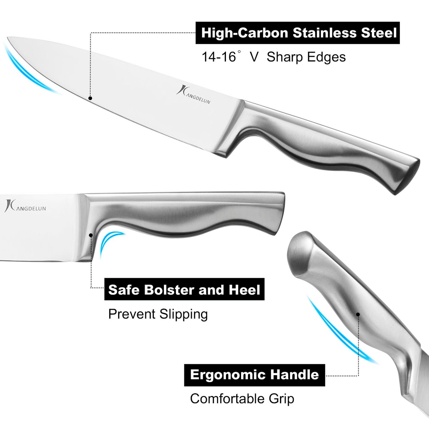 Kangdelun 15-Piece Ultra Sharp Kitchen Knife Set with Wooden Block, Exclusive Ergonomic Anti-Slip Handle, High-Carbon 50CR15MOV Steel, Angled Design, Natural Wood Block