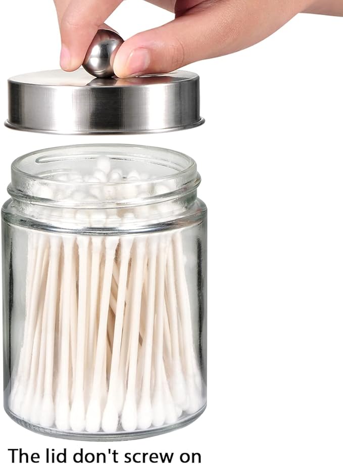 Amolliar Apothecary Jars Bathroom Vanity Organizer -Countertop Canister Jar with Storage Lid - Qtip Dispenser Holder Glass for Qtips,Cotton Swabs,Makeup Sponges,Hair Band - Brushed Nickel (2 Pack)