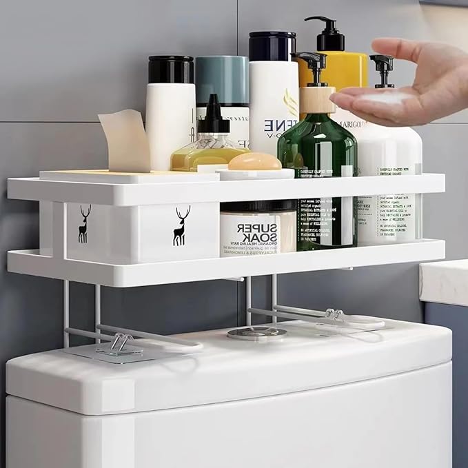 ShellKingdom Over The Toilet Storage Shelf, Toilet Paper Holder Stand Shelves, Punch-Free Bathroom Storage Rack with 2 Hooks, Small Space Organizers for Bathroom, Home, Countertop, White