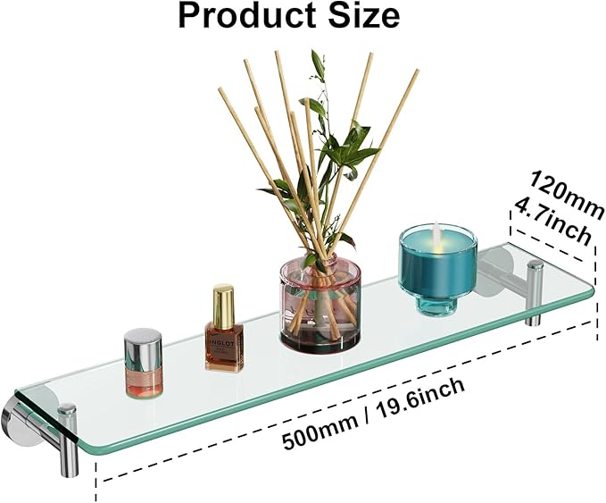 Glass Shelves for Bathroom,20-Inch Chrome Polished Floating Bathroom Shelf Stainless Steel Tempered Glass Shelf Modern Shelves Wall Mounted