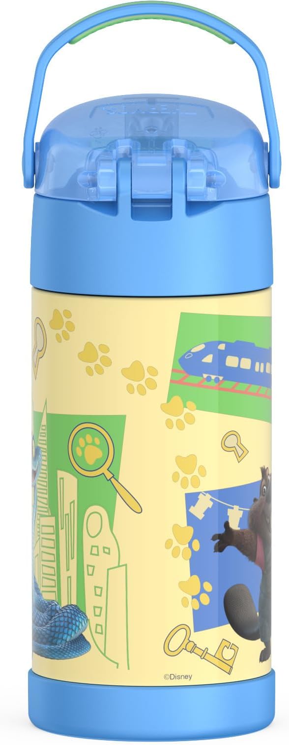 THERMOS FUNTAINER Water Bottle with Straw - 12 Ounce - Kids Stainless Steel Vacuum Insulated Water Bottle with Lid, Zootopia 2