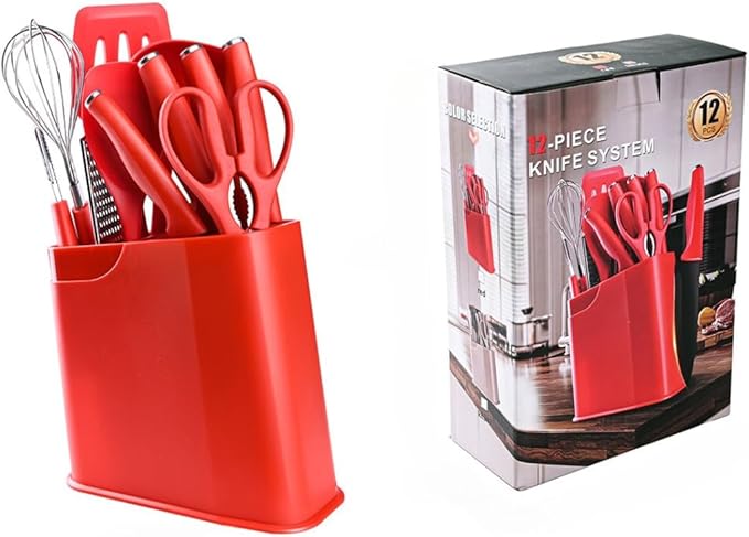 12-Piece Silicone Kitchen Utensil Set with Stainless Steel Knives – Heat-Resistant Spatula, Spoon, Peeler, Non-Scratch Cooking Tools for Frying, Stirring & Daily Cooking (Red)