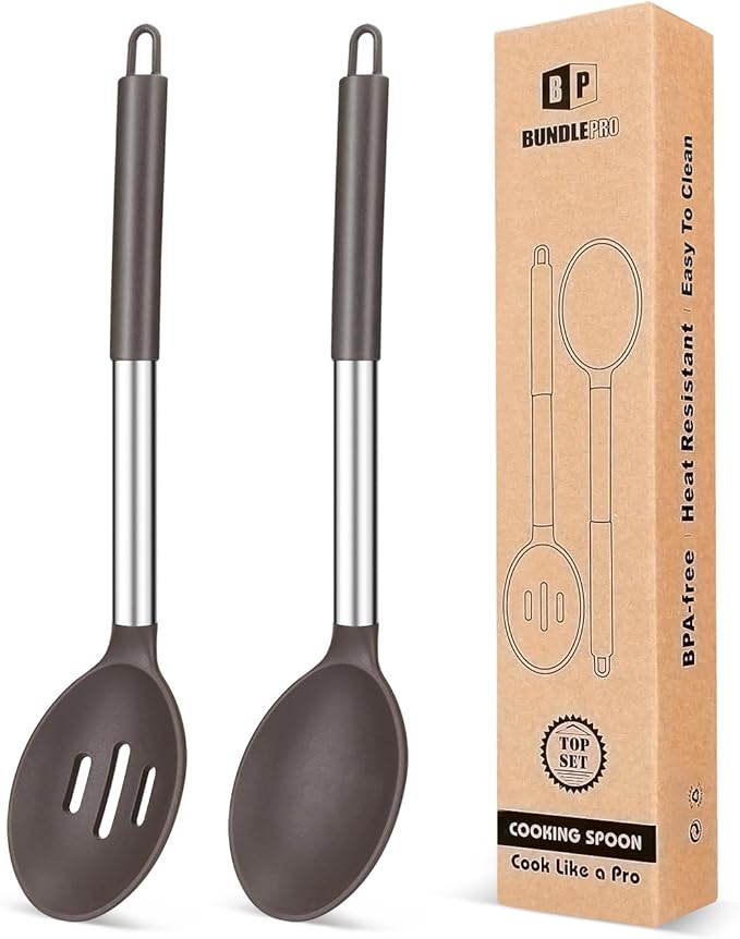 BUNDLEPRO Silicone Cooking Spoons for Nonstick Cookware, 2 Pack, KHAKI