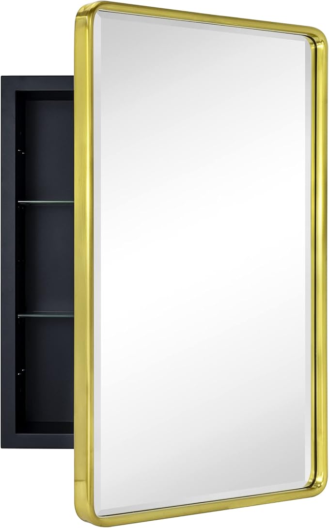 TEHOME Farmhouse Brushed Gold Metal Framed Recessed Bathroom Medicine Cabinet with Mirror Rounded Rectangle Medicine Cabinet with Beveled Mirror 16x24''