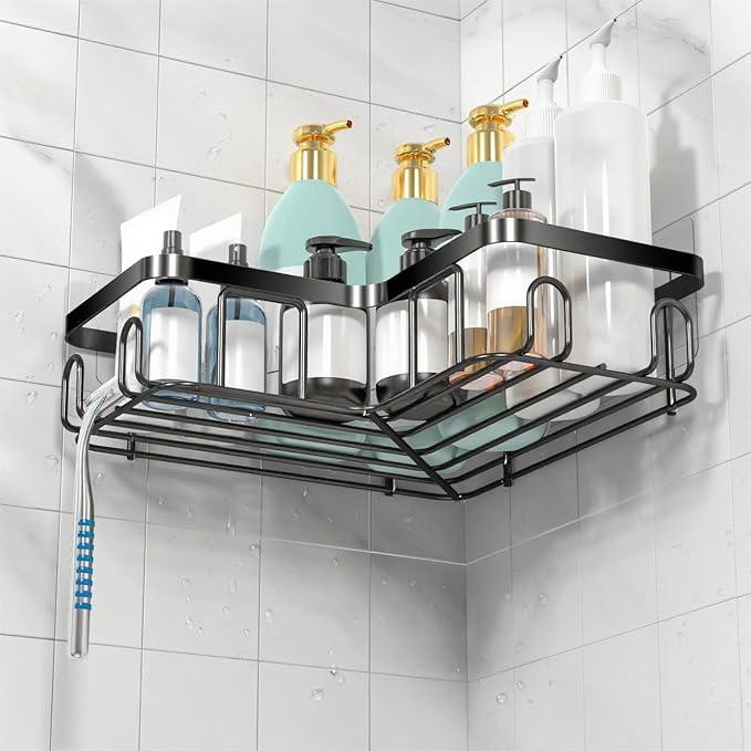 Moforoco Corner Shower Caddy Shelf Organizer Rack, Self Adhesive Black Bathroom Shelves Basket, Home Wall Shower Inside Organization and Storage Decor Rv Accessories, First Apartment Essentials(Black)