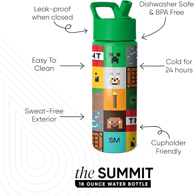 Simple Modern Summit Water Bottle with Straw Lid | Minecraft 18oz Stainless Steel Cup Insulated Tumbler for Girls, Boys, School | Minecraft Mashup