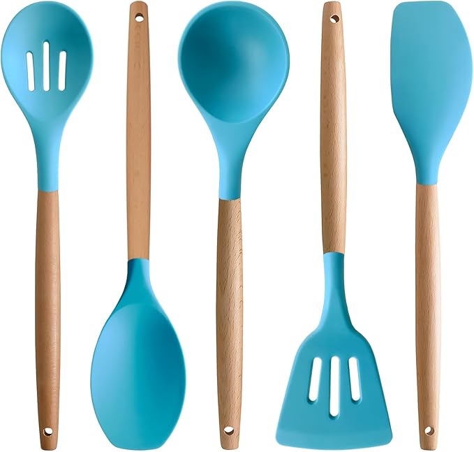 IOCBYHZ Silicone Cooking Utensils Set 5Pcs Non-Stick Silicone Kitchen Utensils for Cooking, Heat Resistant Kitchen Gadgets Spatula Spoon Turner Set with Wooden Handles for Non-Stick Cookware BPA Free