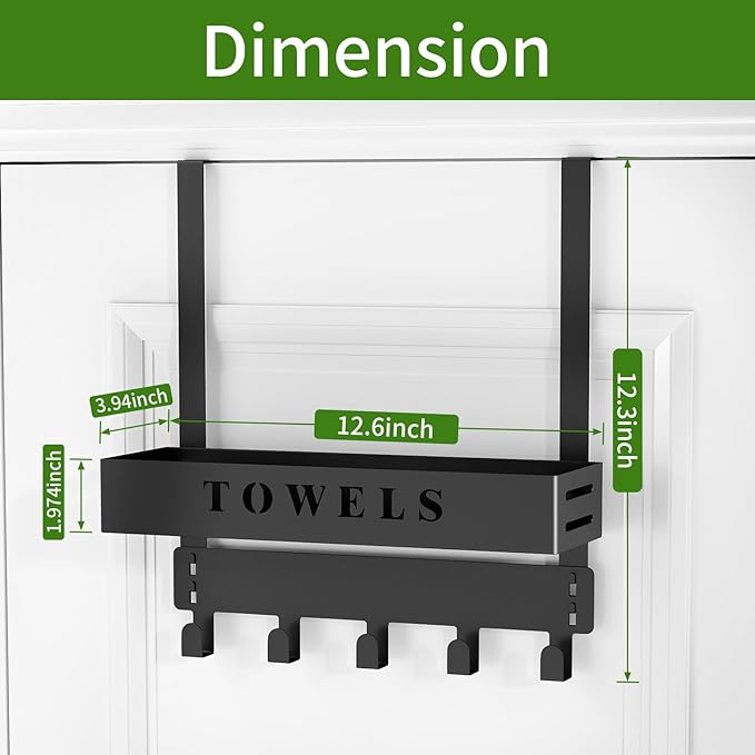 Over The Door Rack, Towel Hooks for Bathroom,Towel Hanger with Tray and 5 Hooks for Bedroom Kitchen(Black)