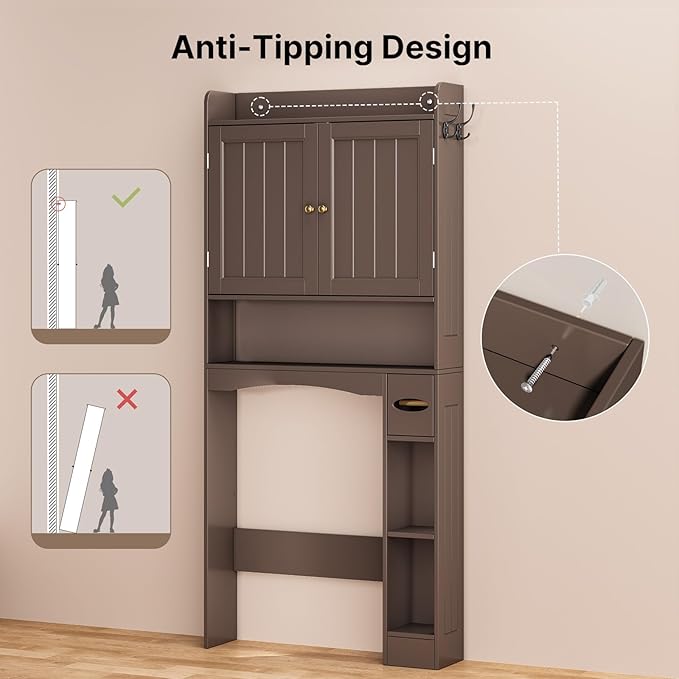 Ahomly Over The Toilet Storage Cabinet, 32.3" W Over Toilet Bathroom Organizer with Doors, Adjustable Shelves, Toilet Paper Holder, 2 Side Hooks, Space-Saver for Bathroom, Laundry, Espresso
