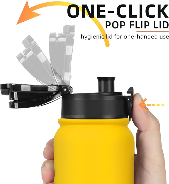 Fanhaw 20 oz Insulated Stainless Steel Water Bottle with Anti-Dust Chug Lid & Carabiner Lid, Leakproof Vacuum Metal Bottle for Kids, Women & Men (Yellow)