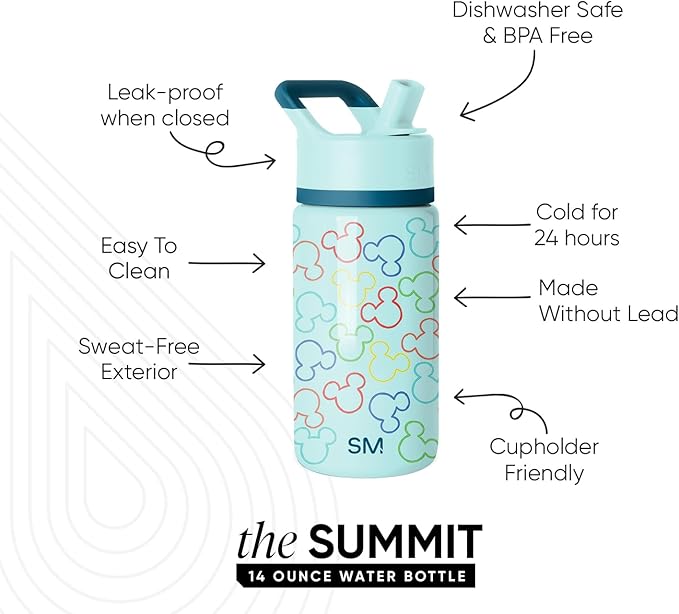 Simple Modern Kids Summit Water Bottle with Straw Lid | Disney Mickey Mouse 14oz Stainless Steel Cup Insulated Tumbler for Boys, School | Cheers to Mickey Ears