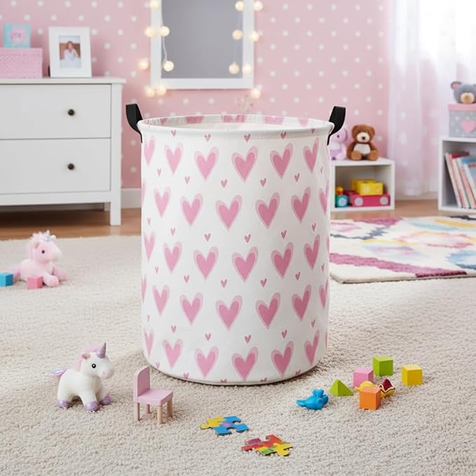 HIYAGON Baby Laundry Basket Baby Hamper for Nursery Girl Kids Butterfly Hamper Cute Kids Toys Storage Bin Organizer Butterfly Room Decor for Home(Pink Hearts)