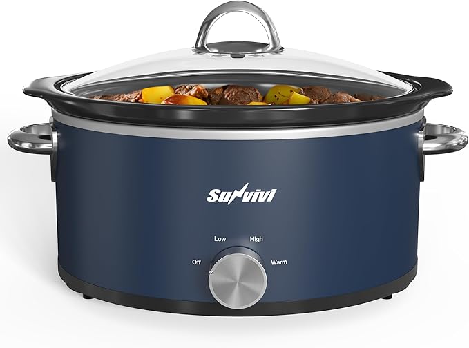 Sunvivi 4 Quart Slow Cooker & Mini Food Warmer with 3 Heating Settings, Removable Ceramic Pot, Dishwasher Safe Glass Lid, Stainless Steel, Blue