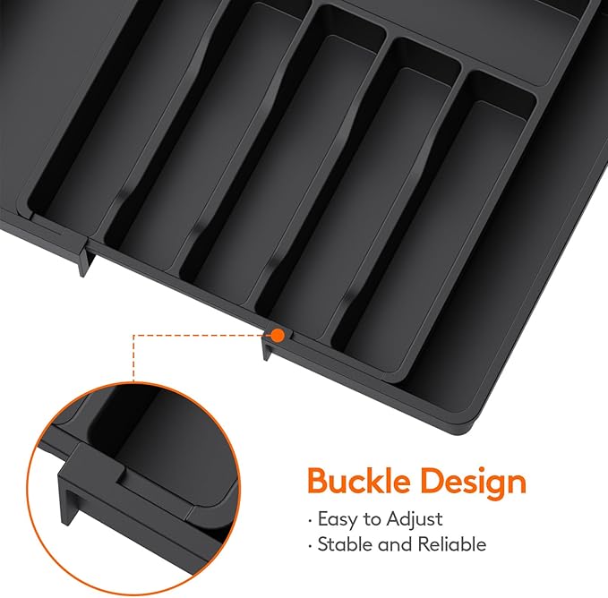 Lifewit Silverware Drawer Organizer, Expandable Utensil Tray for Kitchen, BPA Free Flatware and Cutlery Holder, Adjustable Plastic Storage for Spoons Forks Knives, 13-22 x 15", Black