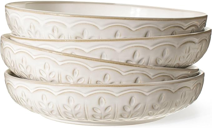 Artena Pasta Bowls, 50oz Large Salad Serving Bowls, 9.75'' Plates Bowls Set of 4, Big White Ceramic Soup Bowls for Kitchen, Embossment Shallow Dinner Bowl, Microwave Dishwasher Safe, Multiple Patterns