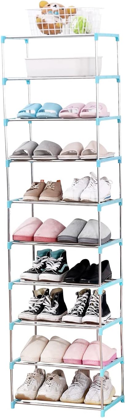Stackable Small Shoe Rack, Entryway, Hallway and Closet Space Saving Storage and Organization (10-Tier, Blue)