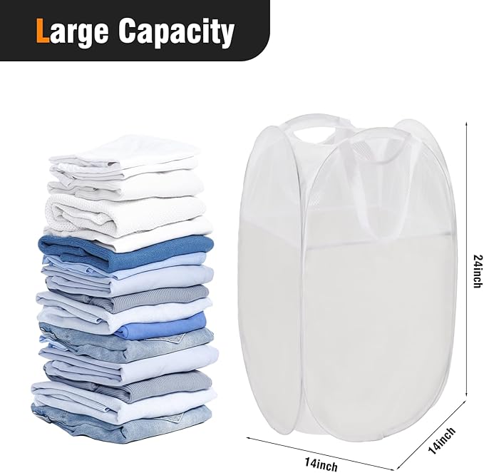 TECHMILLY Pop Up Foldable Laundry Basket, Mesh Laundry Hamper with Reinforced Handles for Dirty Clothes Storage in Dorm, Laundry Room, Bathroom, White(Fabric)