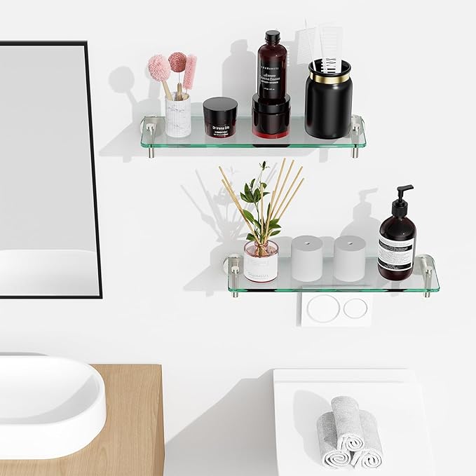 Glass Shelves for Bathroom,16-Inch Brushed Nickel Floating Bathroom Shelf Stainless Steel Tempered Glass Shelf Modern Shelves Wall Mounted