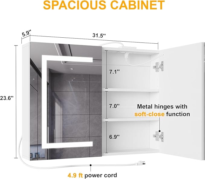 Snughome Bathroom Medicine Cabinet with Mirror and LED Lights, Wall Mount Bathroom Mirror with Storage, Anti-Fog, Built-in Power Outlets, Dimmable 3 Color Temp, Antirust Easy to Install, 31.5" x 23.6"
