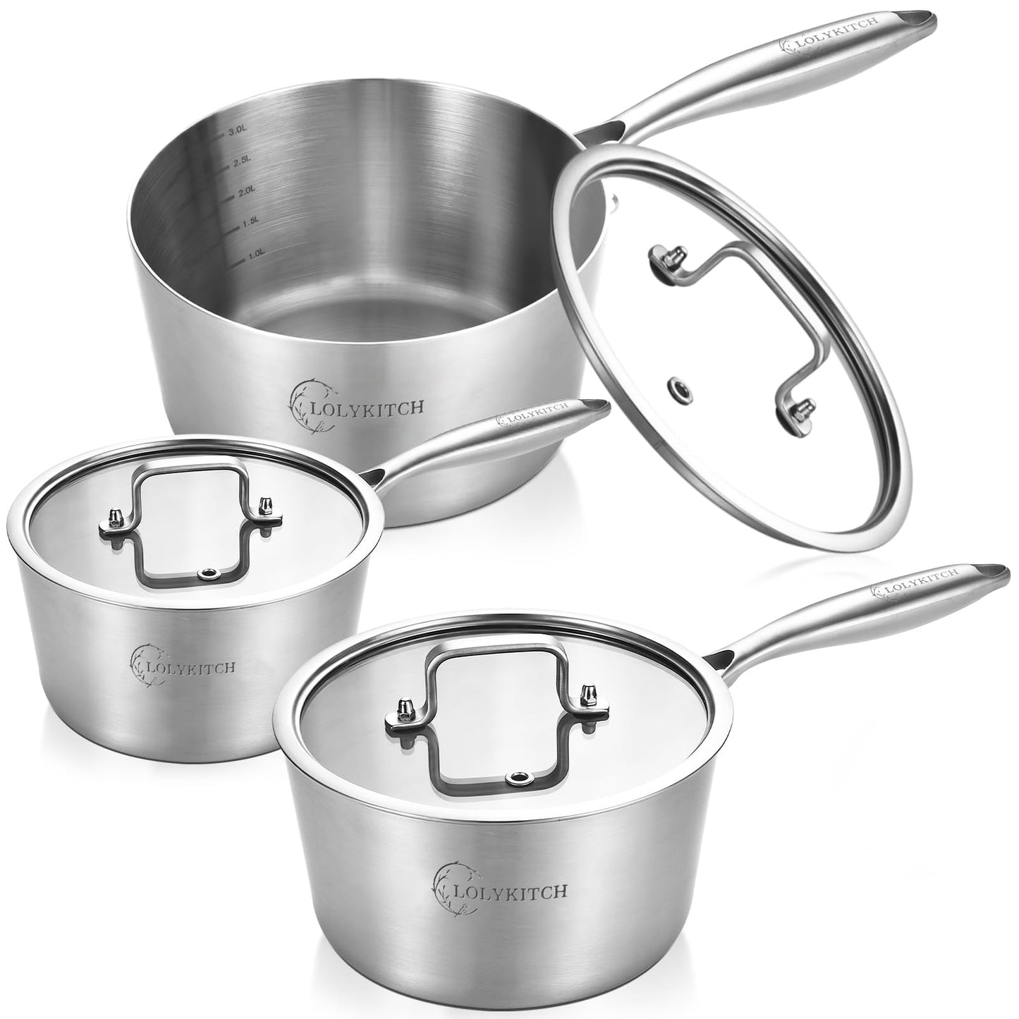 LOLYKITCH 1 & 2 & 3QT Stainless Steel Saucepan Set with Glass Lids
