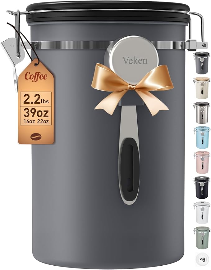 Veken Coffee Canister, 39OZ Large, Airtight Stainless Steel Food Storage Container for 2.2lbs Coffee Beans,Ground, Sugar,Espresso,Rice,Tea,Flour, Cereal,Home Kitchen Pantry Bar Accessories, Gifts,Gray