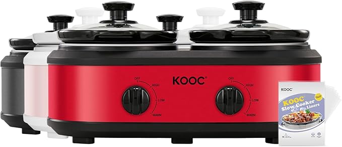 KOOC Double Small Slow Cooker, Buffet Server and Warmer, 2 Mini Pots with 3 Individual Adjustable Temp, Dual Ceramic Pots, Free Liners for Easy Clean-up, Stainless Steel, Total 2.5 Quart, Grey, Round
