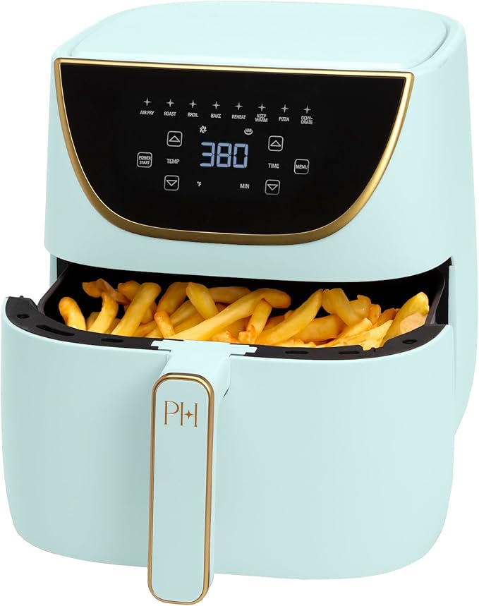 Paris Hilton 6-Quart Air Fryer, Nonstick Basket Made Without PFAS, Touchscreen, 8-in-1 (Fry, Roast, Broil, Bake, Reheat, Keep Warm, Pizza, Dehydrate), Dishwasher Safe Basket and Crisping Tray, Pink