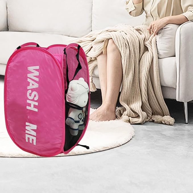Pop Up Laundry Hamper Collapsible Laundry Basket Mesh Foldable Pink Dirty Clothes Hamper with Handles for Home, Bathroom, Bedroom, Travel, Cruise
