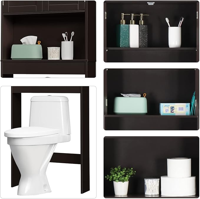 Bonnlo Over The Toilet Storage Cabinet Bathroom Behind Toilet Shelf Towel Storage Freestanding Organizer Space Saver with Double Door Glass Window Cabinet Tower with Adjustable Shelf (Brown)