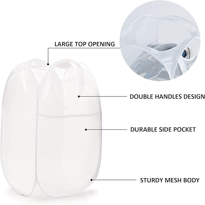 TECHMILLY Collapsible Mesh Pop Up Laundry Hamper with Sturdy Handles and Side Pocket - Portable Foldable Clothes Baskets for Dorm, Bathroom & Travel Storage (White, 3 Packs)