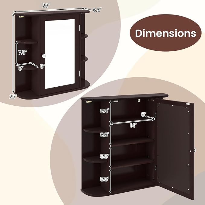 Tangkula Bathroom Medicine Cabinet with Mirror, Modern Wall Mounted Space-Saving Storage Organizer with Mirrored Door, 4 Internal Shelves & 6 Open Side Shelves, Bathroom Wall Cabinet (Coffee)
