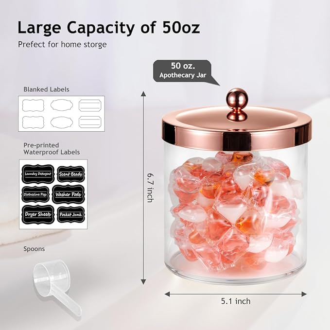 SheeChung 4 Pack 50 Oz Large Apothecary Jar with Rose Gold Rust-Proof Lid - Shatterproof Plastic Laundry Pods Container - Chic Rose Gold Bathroom & Vanity Storage Organizer for Scent Beads, Salts