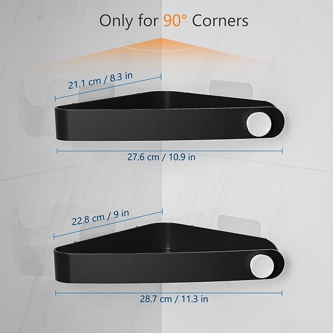 Sotfamily Plastic Shower Caddy Corner (For 90° Only), 2 Pack Adhesive Corner Shower Shelves for Bathroom Organizers and Storage, Black