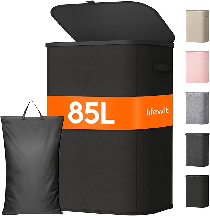 Lifewit 85L Large Laundry Basket with Lid, Laundry Hamper with Plastic Handles and Removable Bag, Foldable Tall Dirty Clothes Hampers for Laundry for Laundry Room, Bedroom, Bathroom, Dorm, Black