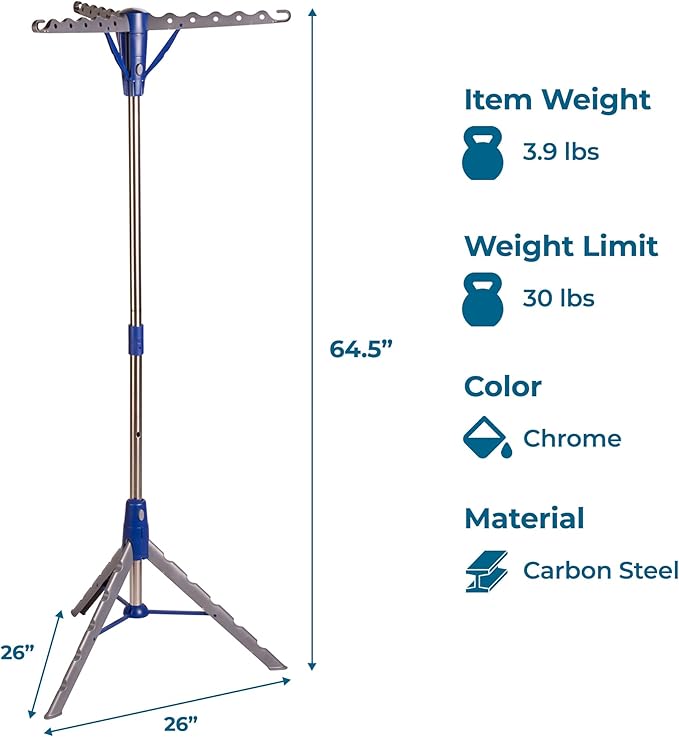 Honey-Can-Do Steel Tripod 64-Inch Folding Clothes Drying Rack – Space-Saving Collapsable Clothes Rack, Durable Clothes Dryer Stand for Laundry Room, 3 Rotatable Arms for 30 Hangers