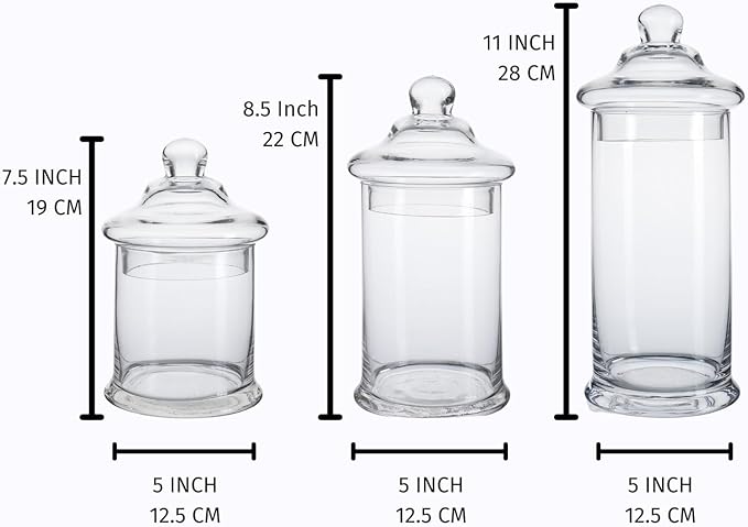 Glass Apothecary Jars with Lids, Set of 3 - Bathroom Storage Organizer for Qtips, Cotton Balls, Bath Salts, Candy, Kitchen & Home Decor (11", 8.5", 7.5" Heights)
