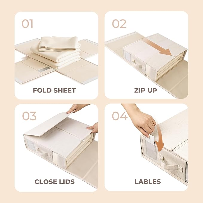 6Pack Linen Sheet Organizers and Storage - King/Queen Size Sheet Storage Organizer with Window, Foldable & Dustproof Sheet Organizer for Linen Closet for Summer Blankets & Sheet Sets,Off-white